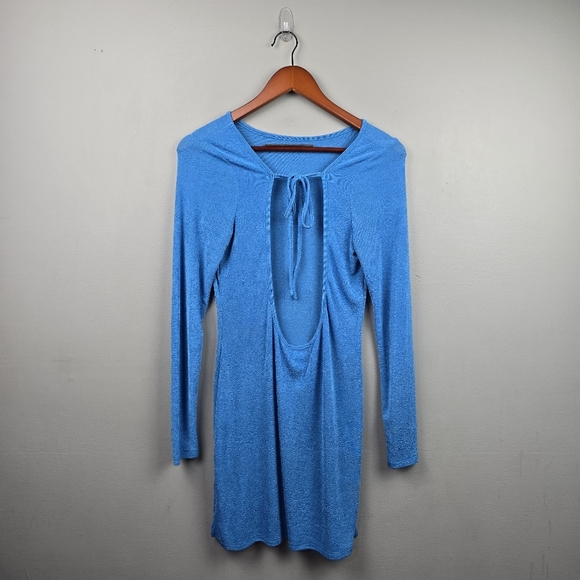 LIONESS Long Sleeve Montana Mini Dress Open Back Blue Womens Size L - Picture 4 of 14